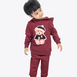 Ariel Pure Cotton Knit Full Sleeves Bear Patch Detailed Light Winter Hooded Sweatshirt & Joggers Set - Maroon image 4