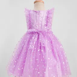 Babyhug Frill Sleeves Stars Foil Printed & Bow Detailing Fit & Flare Mesh Party Dress - Purple image 3