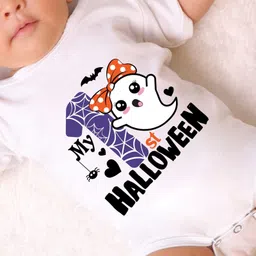 KNITROOT Halloween Theme Half Sleeves My 1St Halloween Text Printed Onesie - White image 5
