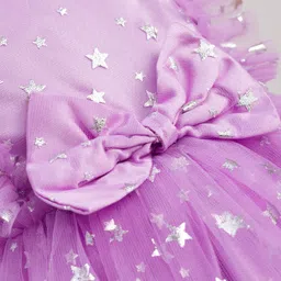Babyhug Frill Sleeves Stars Foil Printed & Bow Detailing Fit & Flare Mesh Party Dress - Purple image 4