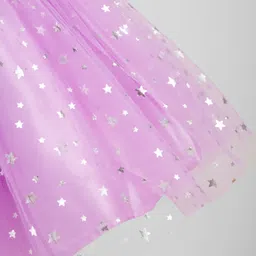 Babyhug Frill Sleeves Stars Foil Printed & Bow Detailing Fit & Flare Mesh Party Dress - Purple image 5