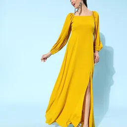 Berrylush Bright Yellow Solid Puff Sleeves Dress-image-0