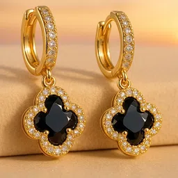 rubans voguish Rubans 18K Gold-Plated Stainless Steel TarnishFree Waterproof CZ Black Clover Drop Earring-picture-17