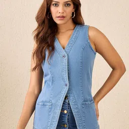 StyleStone Women Cotton Denim Elongated Waistcoat Top-image-9