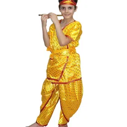 Kaku Fancy Dresses Janmashtami Theme Half Sleeves Dots Printed Krishna Costume Set - Yellow-picture-13