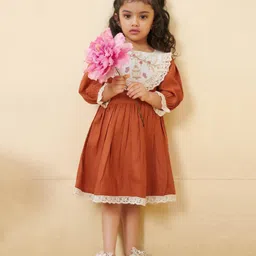 Tiny Twills Linen Full Sleeves Floral & Butterfly Embroidered Fit & Flared Dress - Rust Orange-picture-10