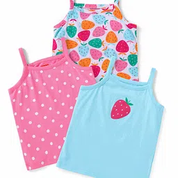 Babyhug 100% Cotton Singlet SleevesSlips Polka Dot & Strawberry Print Pack of 3 - Pink & Blue-picture-10