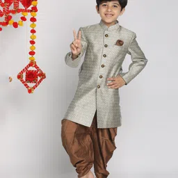 Vastramay Silk Full Sleeves Floral Printed Sherwani & Dhoti Set - Beige & Brown-picture-12