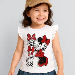 kookie kids india disney Kookie Kids Disney Single Jersey Knit Frill Sleeves Minnie Mouse Printed T-Shirt - White image 1