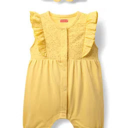 Babyhug 100% Cotton Single Jersey Knit Frill Sleeves Schiffli Romper with Bow Headband - Yellow-picture-15