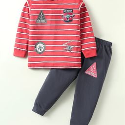 CUCUMBER Sinker Knit Full Sleeves Striped T-Shirt & Joggers Set With Fighter Plane Patch - Red-picture-19