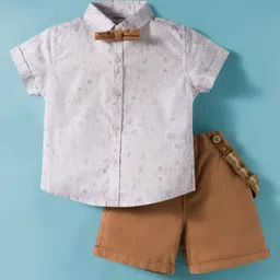 ToffyHouse Cotton Woven Half Sleeves Floral Print Party Shirt & Short Set with Bow & Suspender - White & Brown image 1