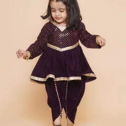 Titrit Velvet Woven Full Sleeves Gota Lace & Sequin Embellished Kurti Dhoti Set - Burgandy-picture-21