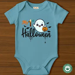 BLUSHES 100% Cotton Knit Halloween Theme Half Sleeves My 1st Halloween Text Printed Onesie - Olive Green-picture-16