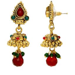missmister Gold Plated Red Quartz drop studded handmade Jhumki earring for Women-picture-10