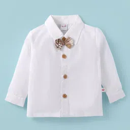 WOW Clothes Cotton Woven Full Sleeves Checkered 3 Piece Party Suit With Bow Applique - Tan image 2