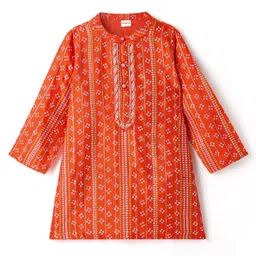 Babyhug Woven Full Sleeves Kurta Dhoti Set With Bandhani Print & Lace Detailing - Coral image 2