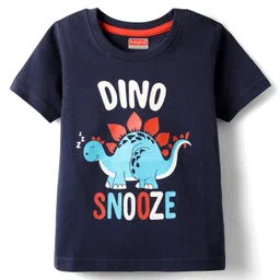 Babyhug Cotton Knit Half Sleeves Shorts Night Suit With Dino Print - Navy Blue image 2