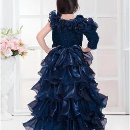 Tiny Kingdom Satin Woven Full Sleeves Floral Applique & Stone Embellished Layered Gown - Blue image 3