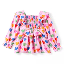 Babyhug Rayon Woven Full Peasant Sleeves Heart Printed Top with Frill Detailing - Pink Red & Blue image 3