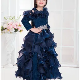 Tiny Kingdom Satin Woven Full Sleeves Floral Applique & Stone Embellished Layered Gown - Blue image 4