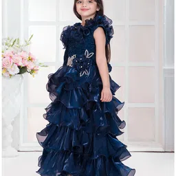 Tiny Kingdom Satin Woven Full Sleeves Floral Applique & Stone Embellished Layered Gown - Blue image 5