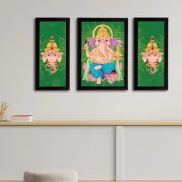eCraftIndia Set of 3 Green & Pink Lord Ganesha Satin Matt Textured UV Wall Arts image 1