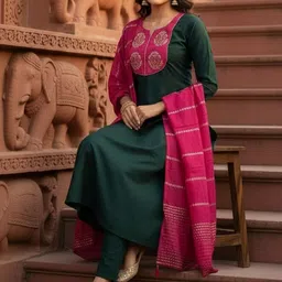 DWIJA FASHION Women Ethnic Motifs Embroidered Regular Thread Work Kurta with Trousers & With Dupatta-picture-15