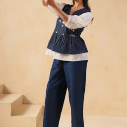 SAVI Floral Embroidered Puff Sleeve Denim Peplum Top image 5