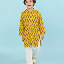 Babyhug Cotton Full Sleeves Kurta Pyjama Set Floral Print - Yellow-picture-16