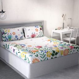 d'decor DDecor White Blue Floral Cotton 144 TC Queen Bedsheet With 2 Pillow Covers-picture-39