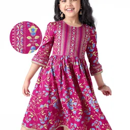 EARTHY TOUCH Single Jersey Knit Three Fourth Sleeves Ethnic Dress With Floral Print - Dark Pink-picture-24