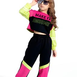Ollington St. Cotton Knit Full Drop Shoulder Sleeves Cut& Sew Text Printed Sweatshirt& Jogger Set- Dark Pink & Green-picture-27