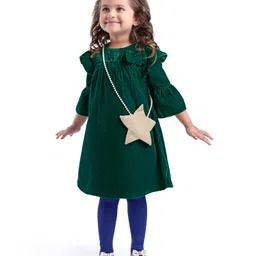 Babyhug Woven Full Bell Sleeves Frock with Leggings & Sling Bag - Green-picture-10