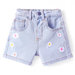 Babyhug Mid Thigh Washed Denim Shorts With Floral Embroidery & Stretch - Light Blue-picture-22