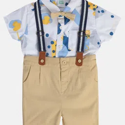 MINI KLUB Cotton Half Sleeves Abstract Printed Shirt With Shorts Suspender & Bow Set - Beige-picture-23