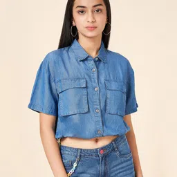 Coolsters by Pantaloons Cotton Half Sleeves Solid Shirt Style Top - Blue-picture-12