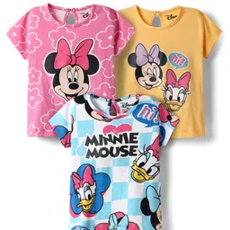 Babyhug Disney Cotton Knit Half Sleeves T-Shirts With Minnie Mouse & Friends Graphic Pack Of 3 - Pink Yellow & Light Blue-image-52
