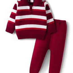 Babyhug Knitted Full Sleeves Striped Sweater Set - Maroon & White-picture-22