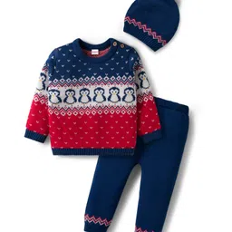 Babyhug Organic Cotton Knitted Full Sleeves Sweater Set With Penguin Design & Cap - Navy Blue & Red-picture-24
