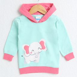 BUMZEE Looper Knit Full Sleeves Elephant Printed Hooded Sweatshirt - Mint Green & Pink-picture-19