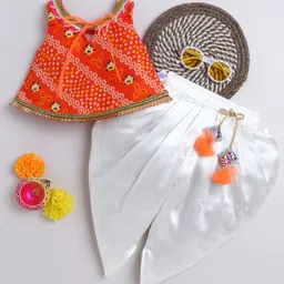 Many frocks & Woven Sleeveless Bandhani Designed Gota Lace Embellished Top & Dhoti Set - Orange & Cream-picture-14