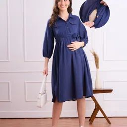 Bella Mama Woven Three Fourth Sleeves Maternity Solid Color Shirt Dress - Navy Blue-picture-11