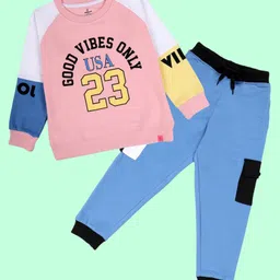 Kiddopanti Fleece Knit Full Raglan Sleeves Good Vibes Only Text Printed Light Winter Sweatshirt With Cargo Pants Set - Peach Blue Yellow Blue & Black-picture-10
