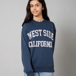ALAN JONES Cotton Blend Knit Full Sleeves West Side California Text Printed Oversized Light Winter Sweatshirt - Denim Blue-picture-30