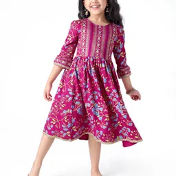EARTHY TOUCH Single Jersey Knit Three Fourth Sleeves Ethnic Dress With Floral Print - Dark Pink image 2