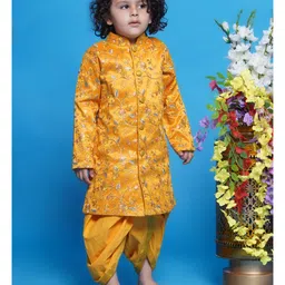 Little Bansi Mulberry Silk Full Sleeves Floral Embroidered & Sequins Embellished Sherwani With Dhoti - Yellow image 4