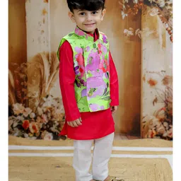 KID1 Full Sleeves Solid Kurta Pyjama With Floral Printed Jacket - Red image 4