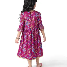EARTHY TOUCH Single Jersey Knit Three Fourth Sleeves Ethnic Dress With Floral Print - Dark Pink image 4