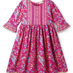 EARTHY TOUCH Single Jersey Knit Three Fourth Sleeves Ethnic Dress With Floral Print - Dark Pink image 5